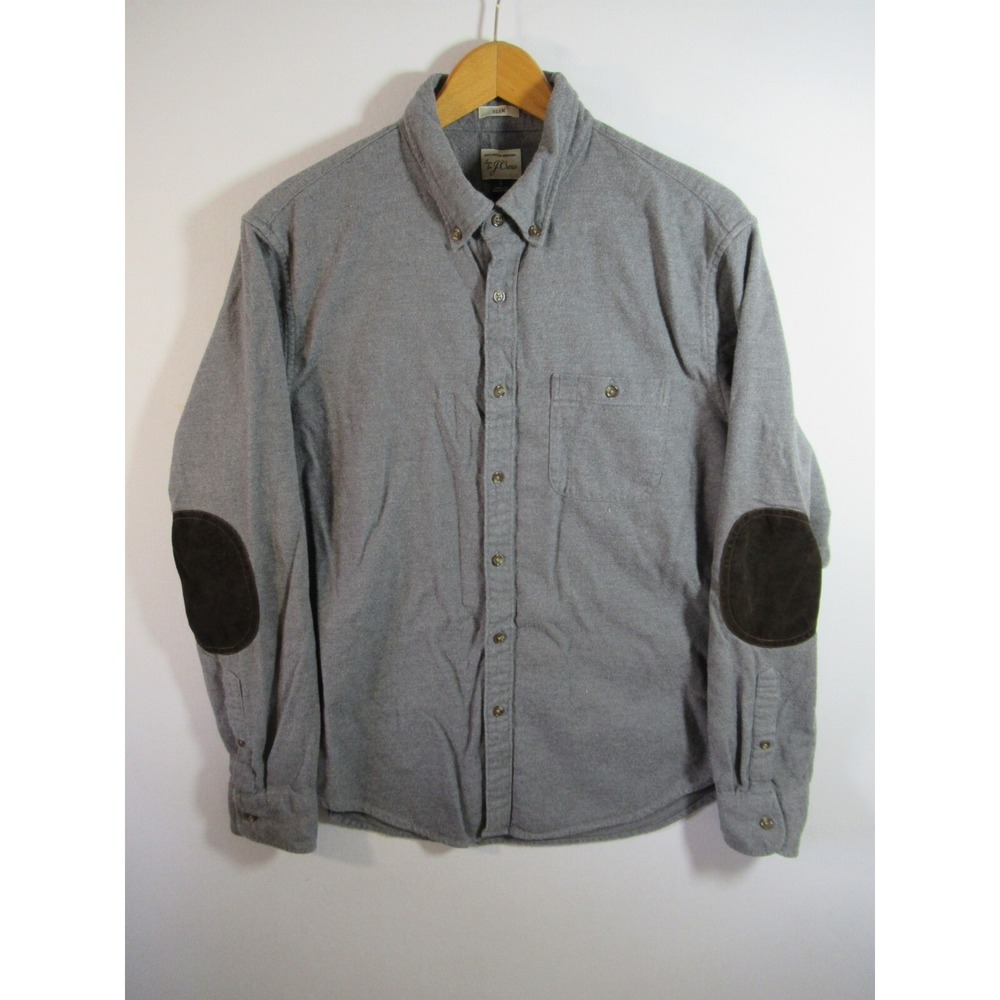 J Crew Elbow Patch Flannel Shirt Men Large Gray Slim Fit Cotton